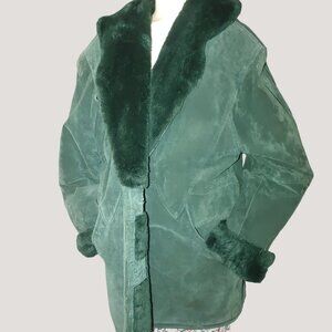 Climate Zone Hunter Green Leather Coat Jacket Size L Faux Fur Trim Vintage